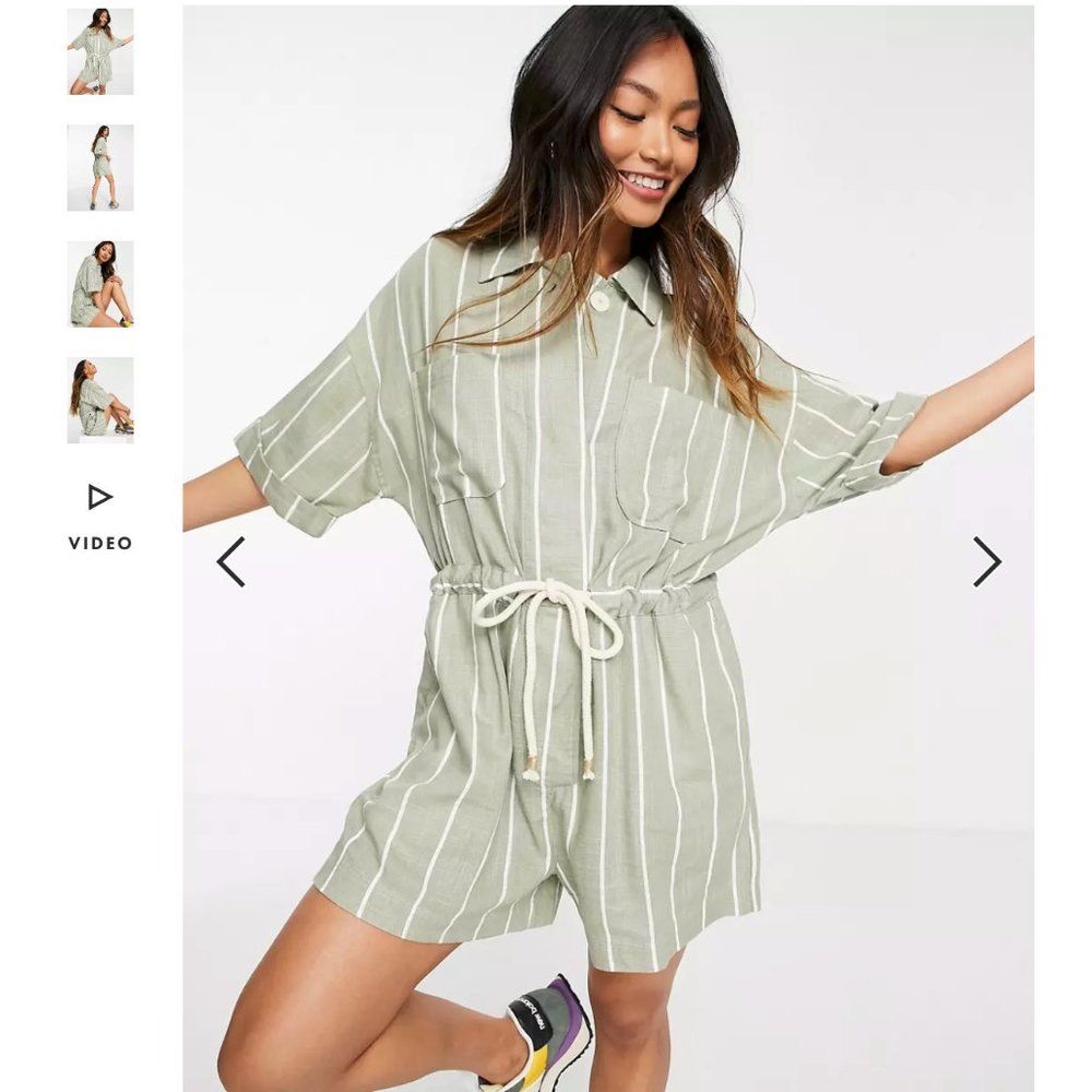 Mango stripe linen romper in sage green / Small